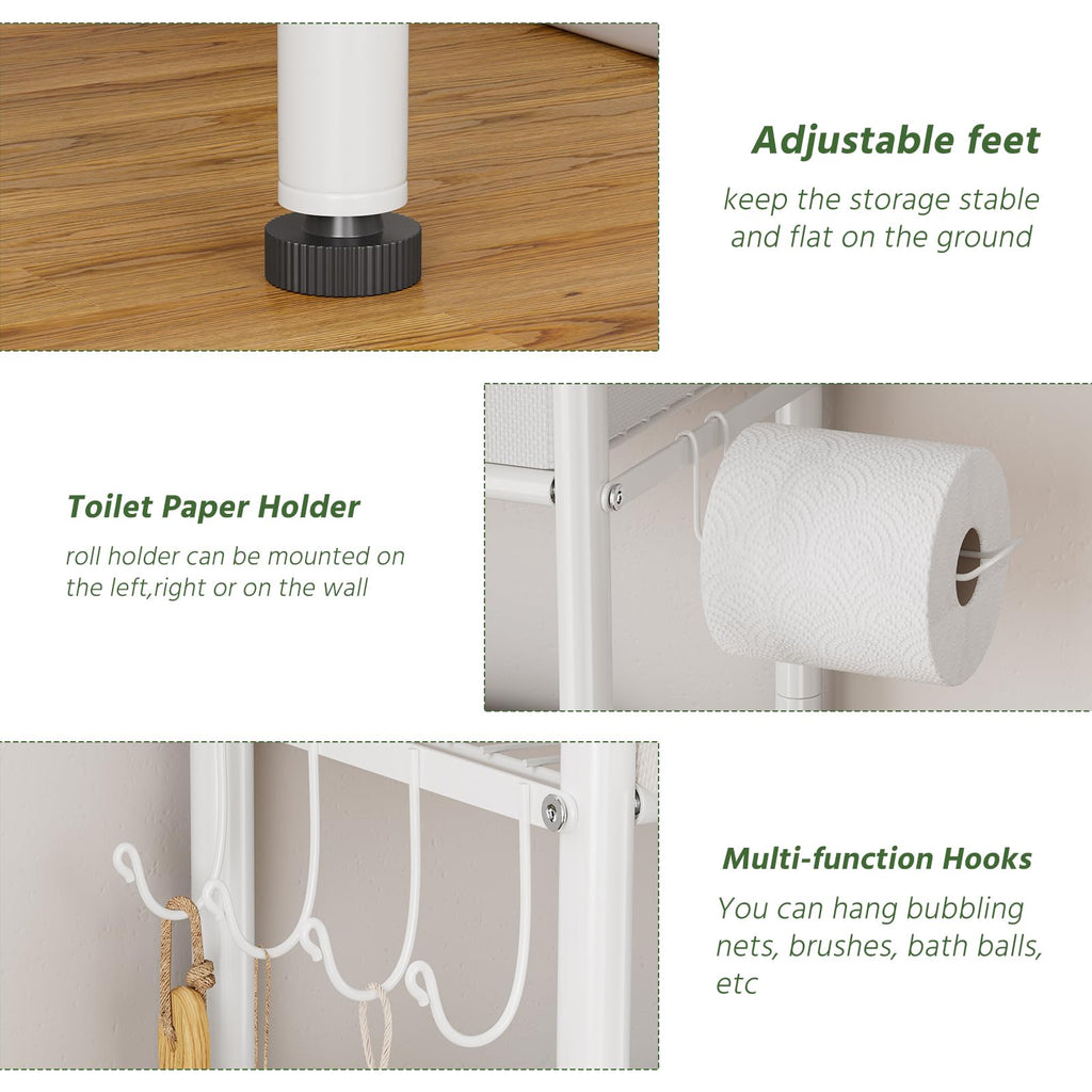 Simple Trending Over The Toilet Storage Rack with Drawers, Metal 3 Tier Bathroom Organizer Shelf with Paper Holder and 3 Hooks, White