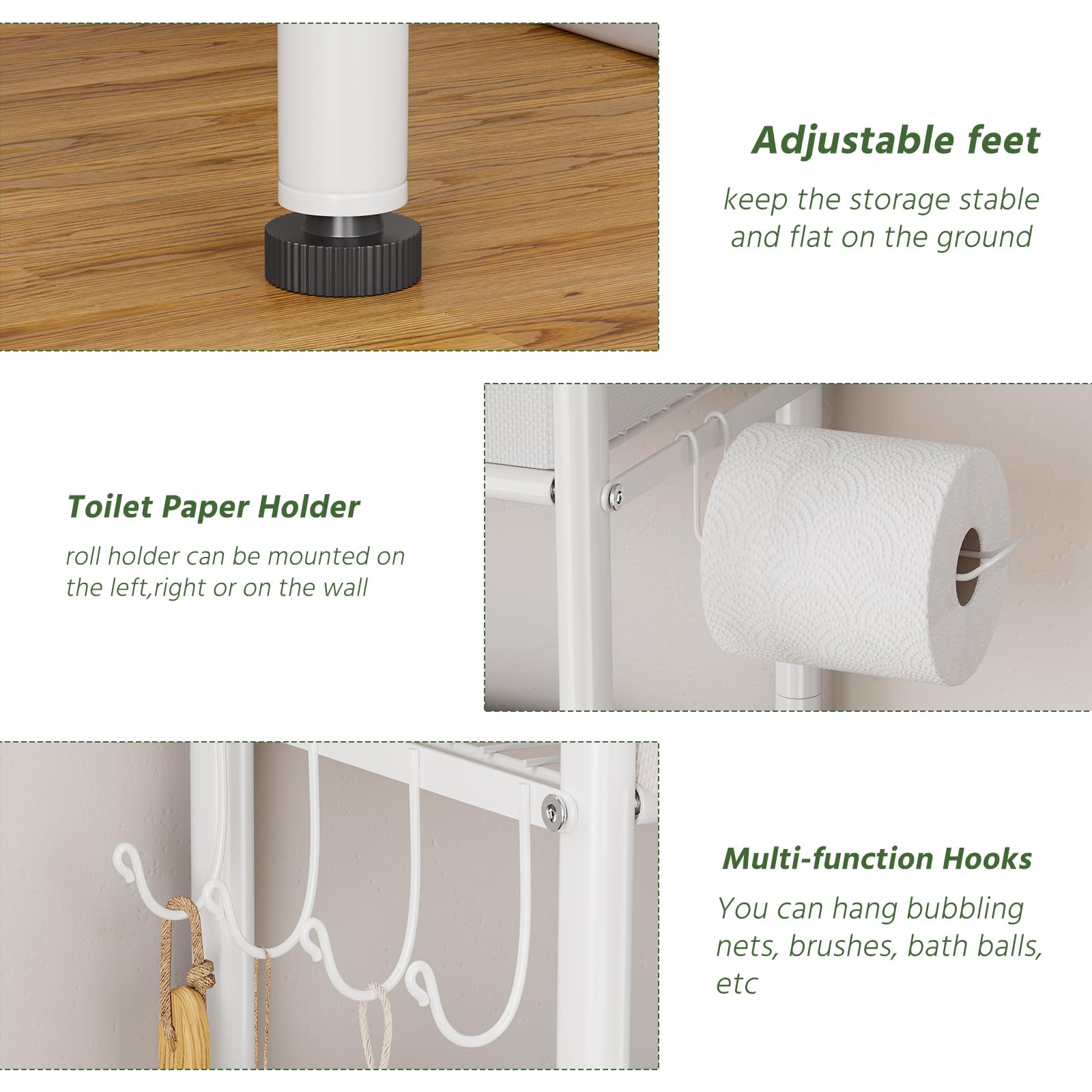 Simple Trending Over The Toilet Storage Rack with Drawers, Metal 3 Tier Bathroom Organizer Shelf with Paper Holder and 3 Hooks, White