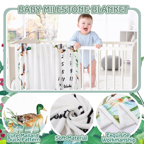 Guiqulai Mallard Duck Monthly Milestone Blanket for Baby Boy Flannel Newborn Infant Swaddle Growth Chart Photography Background with Baby Birth Signs, Felt Frames, Bibs