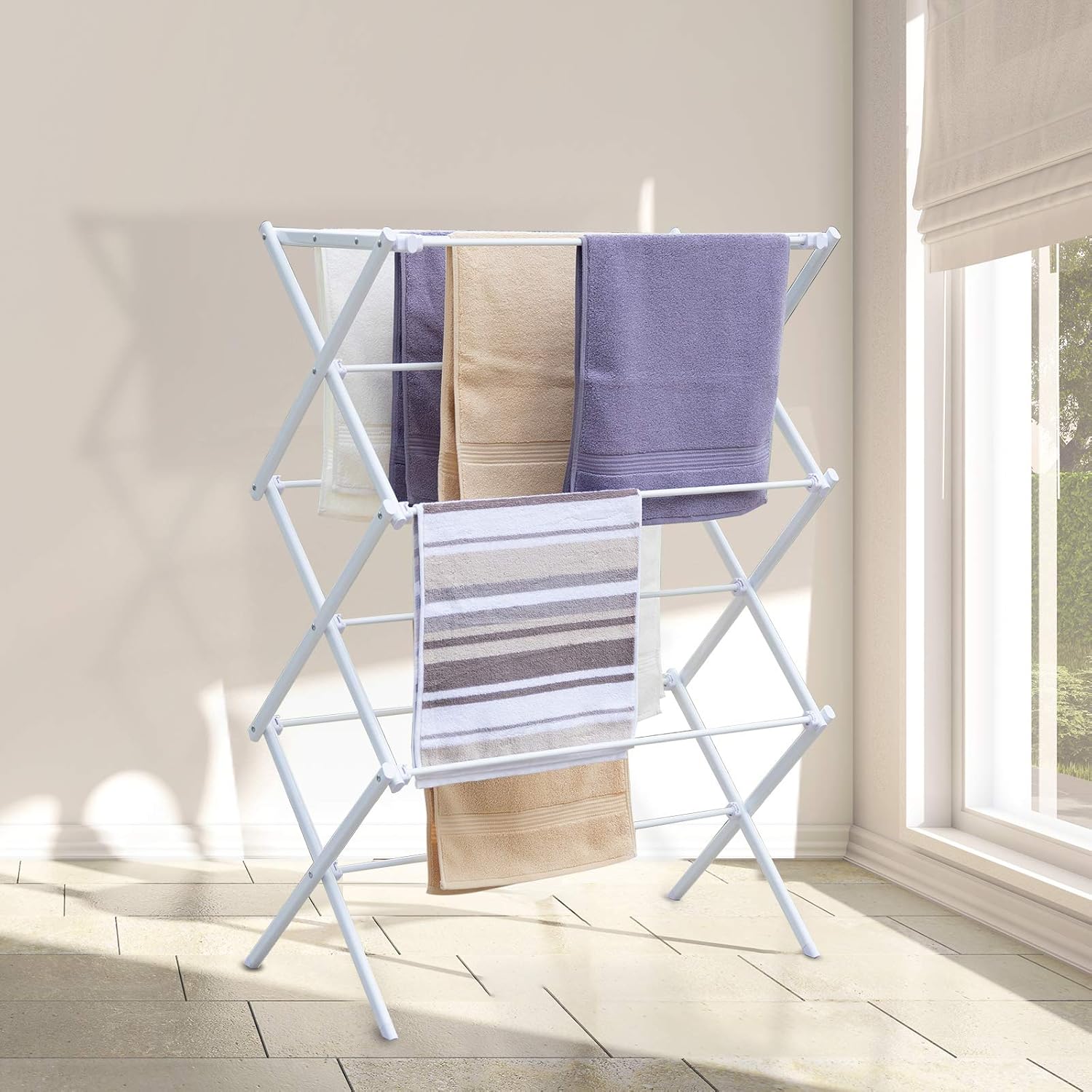 Skiennix Foldable Clothes Drying Rack - Portable 3-Tier Vertical Laundry Rack for Indoor/Outdoor Use - White
