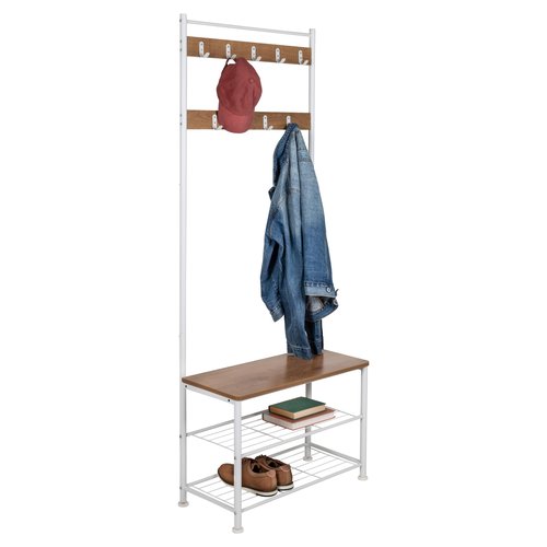 Honey-Can-Do Entryway Hall Tree with Bench and Shoe Storage, White/Walnut SHF-09603 White, 300 lbs