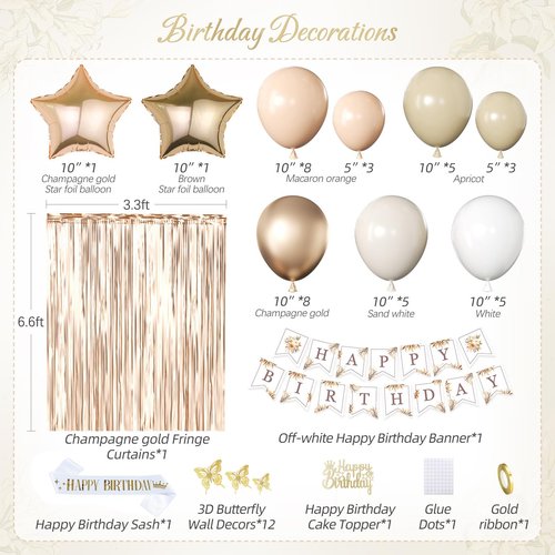 Beige Cream and Neutral Boho Birthday Party Decorations with Happy Birthday Banner, Beige Apricot Champagne Gold Balloons, Sash, Fringe Curtain, Cake Topper, Butterfly for Women Girls Party Supplies