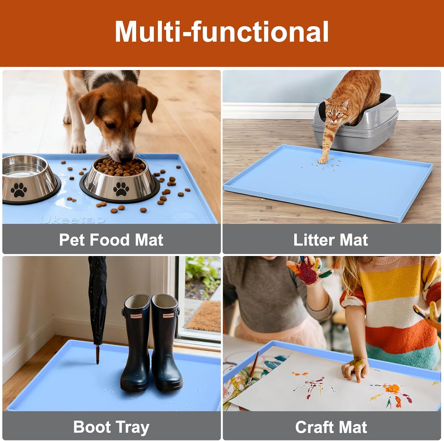 Ukeetap Extra Thick Silicone Mat - Waterproof Under Sink Mat 34" x 22" | Kitchen & Bathroom Protection, Blue