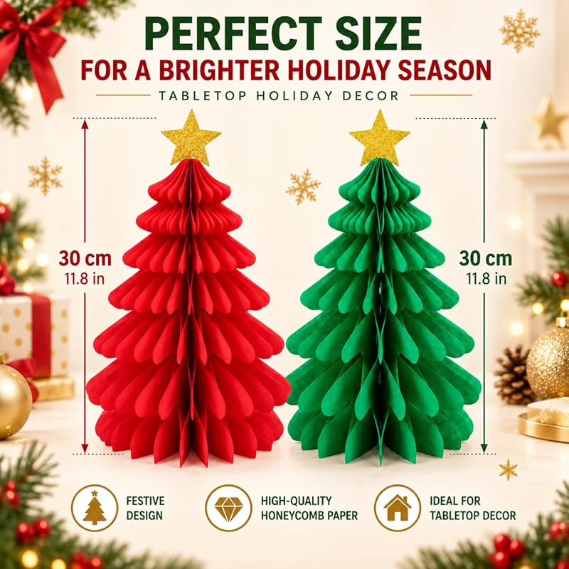 2-Piece Christmas Tree Honeycomb Paper Ornaments - Red & Green