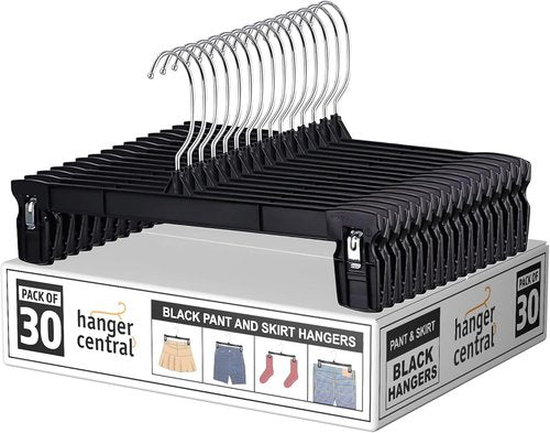 Hanger Central 30 Pack Pants Hangers - Heavy Duty Slim Plastic Clips for Skirts & Pants | Black, 10 Inch