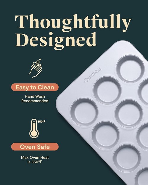 Caraway Non-Stick Ceramic Muffin Pan - 12-Cup Design with Naturally Slick Coating - Non-Toxic & PTFE Free - Ideal for Cupcakes & Muffins - Gray