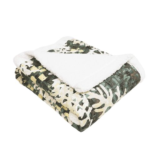 Lush Decor, Green Camouflage Leaves Reversible Sherpa Throw Blanket with Nature Leaf Print Design-60” x 50, 60" x 50"
