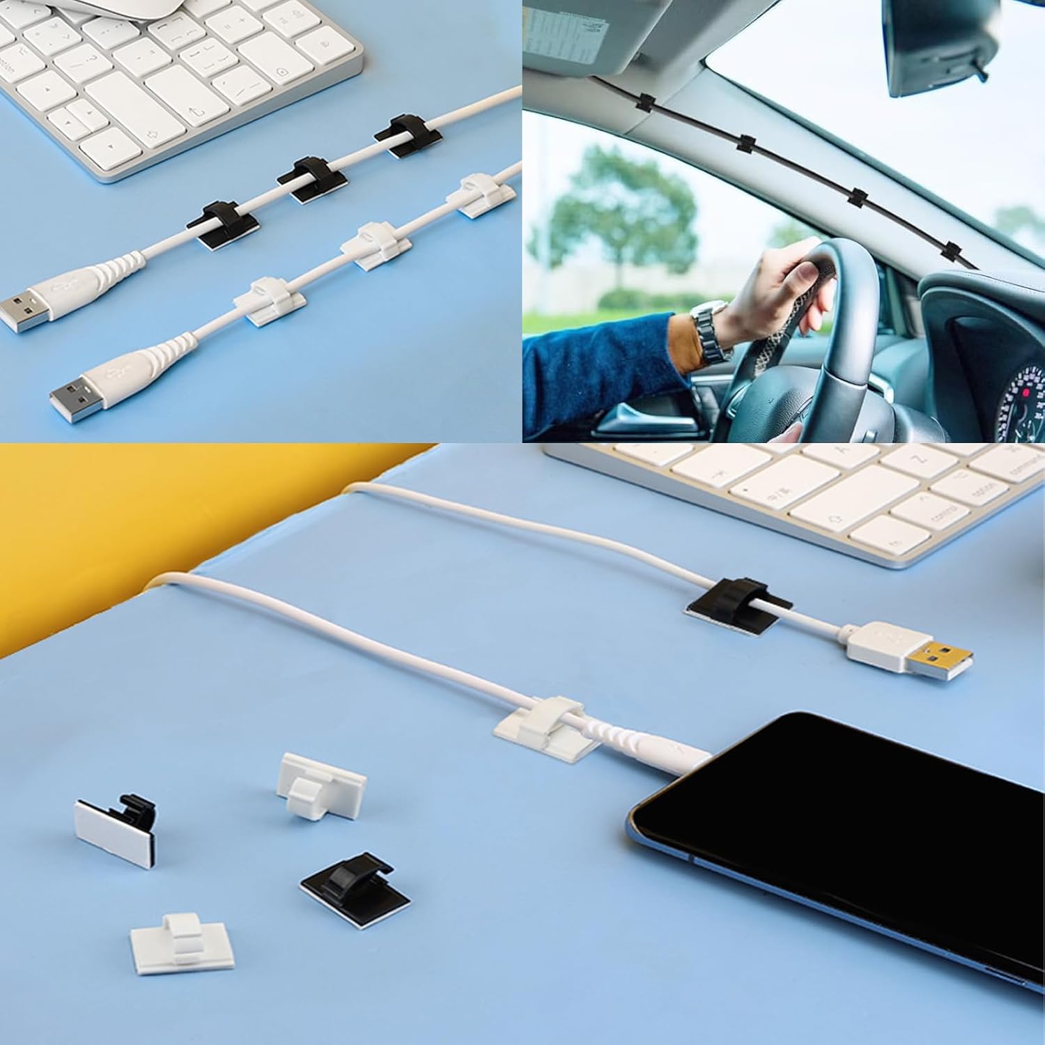 Adhesive Cable Holder Clips - 50 Pcs Black Wire Management for Cables Up to 6mm | Ideal for Home, Office & Car