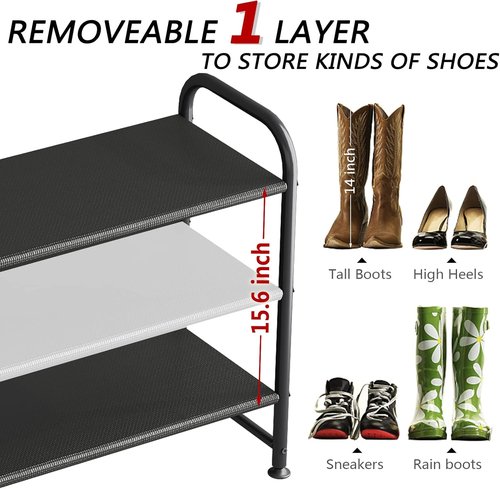 INGIORDAR Shoe Rack - 3-Tier Metal Organizer for Closet & Entryway - Wide Black Storage Solution