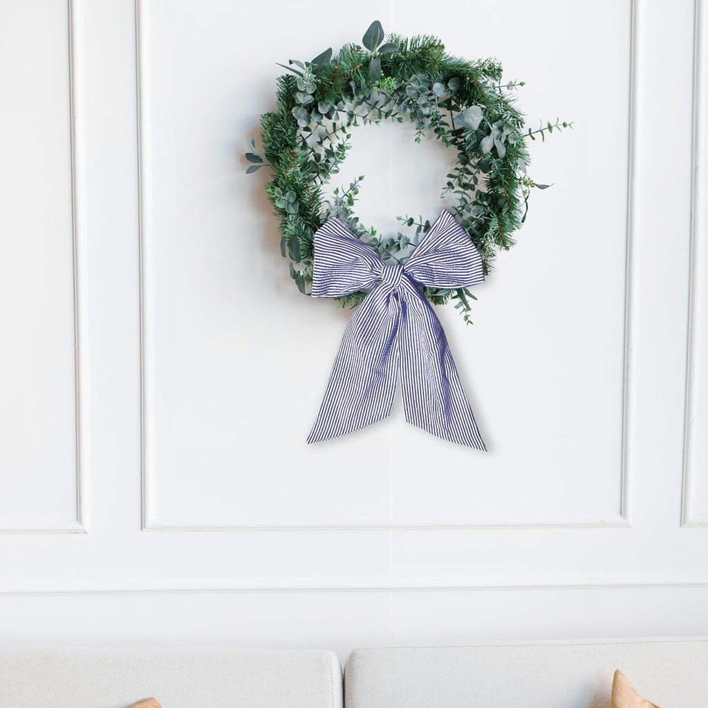 Skiennix Christmas Wreath Sash - Jean Blue Seersucker Holiday Decor for Front Door & Baby Showers