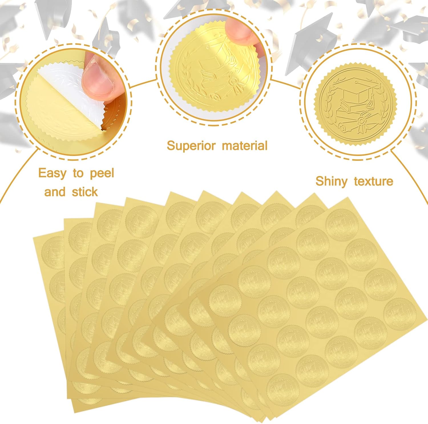 Whaline Graduation Cap Foil Seal Stickers - 500Pcs Self-Adhesive Gold Decals for Diplomas & Awards | 1.5 Inch