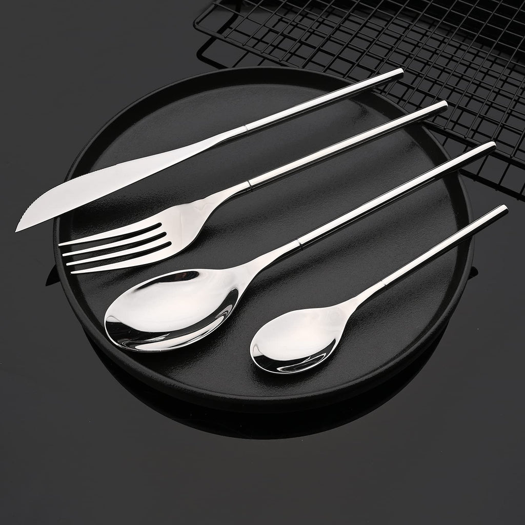 JASHII 304 Flatware Set Silver Silverware Set Mirror Polished 18/8 Stainless Steel Cutlery Set with Round Handle 24 Piece Wedding Housewarming Gift Service for 6