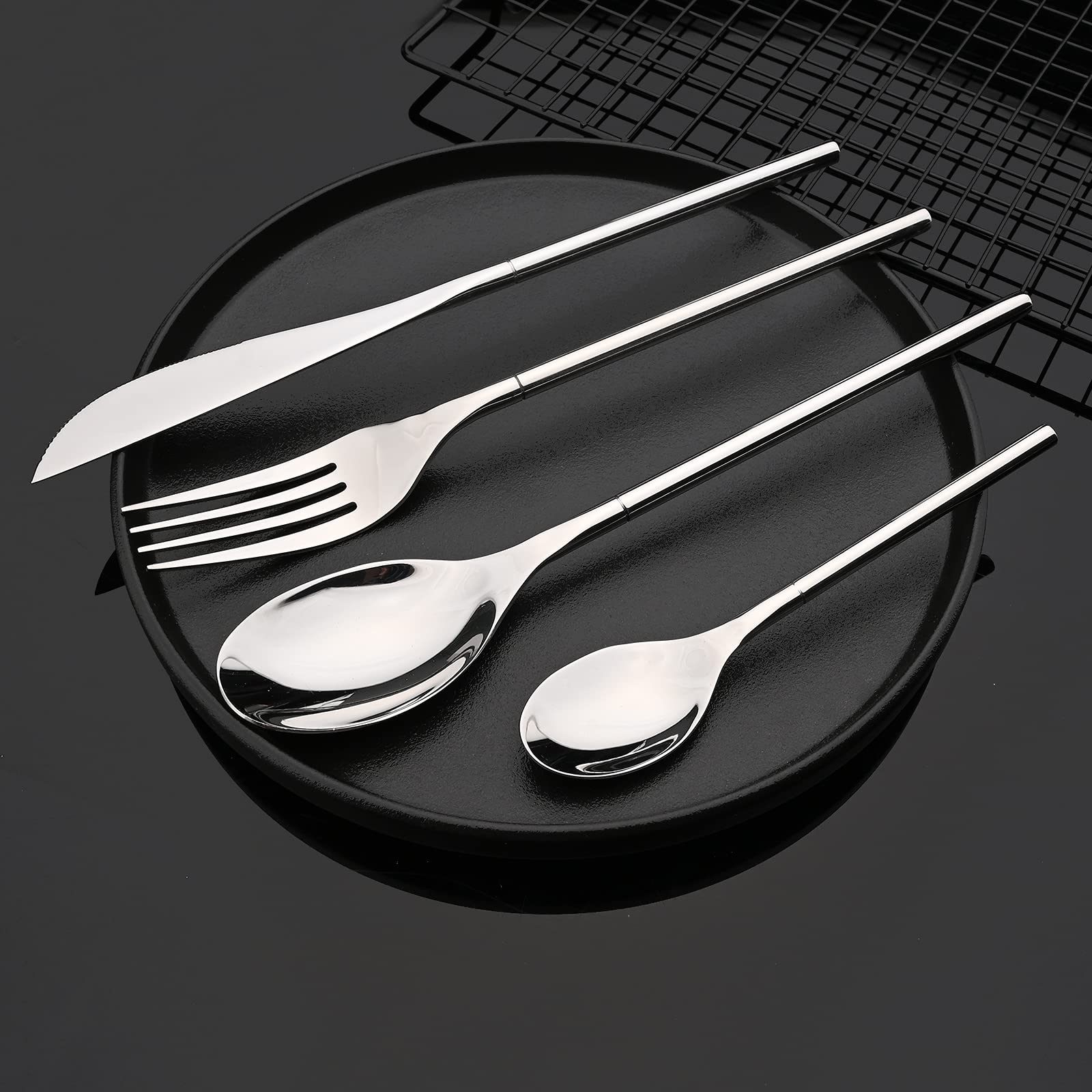 JASHII 304 Flatware Set Silver Silverware Set Mirror Polished 18/8 Stainless Steel Cutlery Set with Round Handle 24 Piece Wedding Housewarming Gift Service for 6