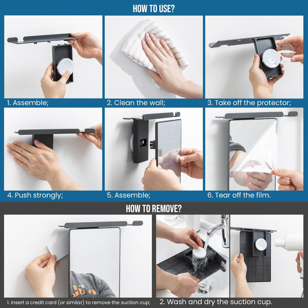TAILI Shower Mirror Fogless for Shaving with Razor Holder, Anti-Fog with Powerful Suction Wall Mounted for Bathroom, Makeup Shave Mirror for Men & Women, Shatterproof & Removable, Grey