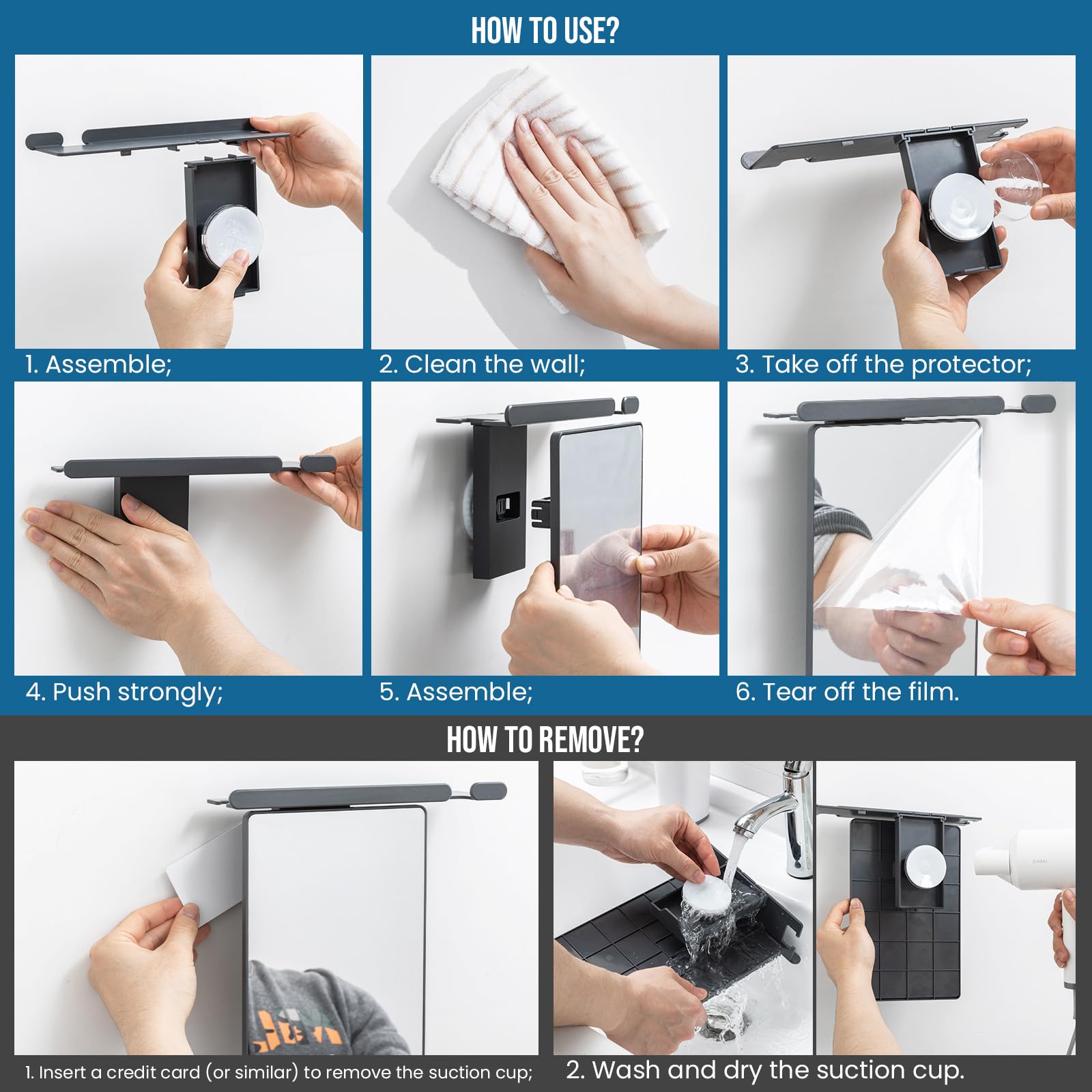 TAILI Shower Mirror Fogless for Shaving with Razor Holder, Anti-Fog with Powerful Suction Wall Mounted for Bathroom, Makeup Shave Mirror for Men & Women, Shatterproof & Removable, Grey