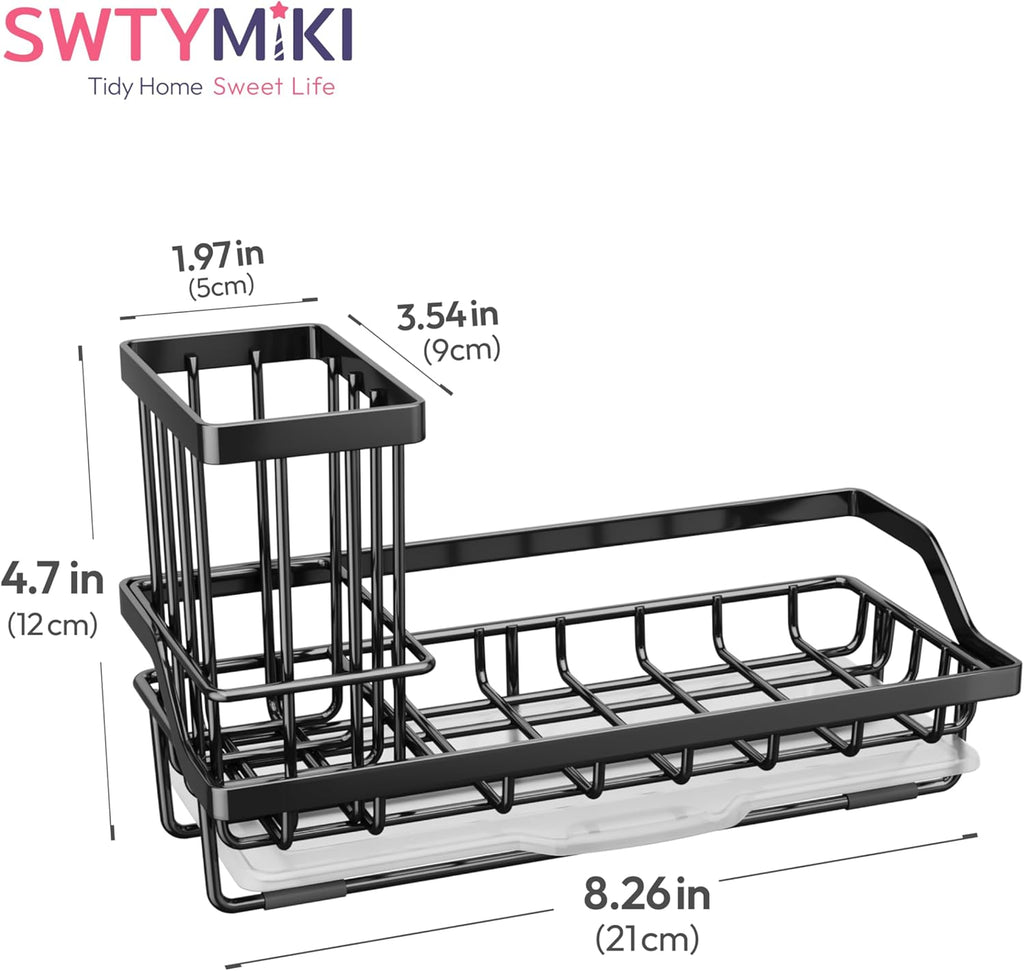 SWTYMIKI Sink Caddy Sponge Holder - Stainless Steel Kitchen Organizer for Soaps & Sponges | Black