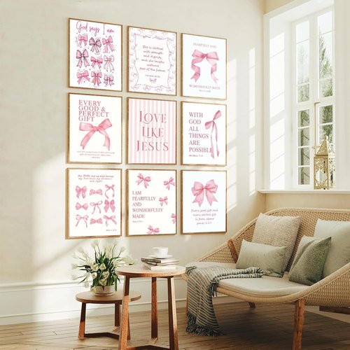 Coquette Pink Bow Wall Art - Inspirational Bible Verses Canvas Prints | 12x16in Unframed Decor for Teen Girls