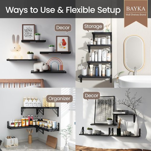 BAYKA Wall Mounted Floating Shelves - Space-Saving Wood Display for Books & Decor | Black, Set of 4