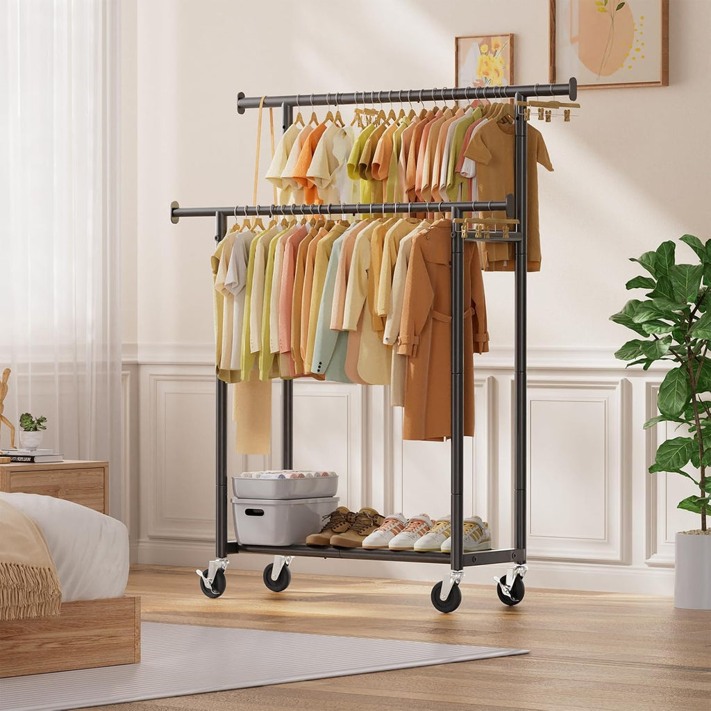 Simple Trending Clothes Rack - Double Rod Metal Garment Rack with Rolling Wheels | Portable Wardrobe for Bedroom & Laundry - Black