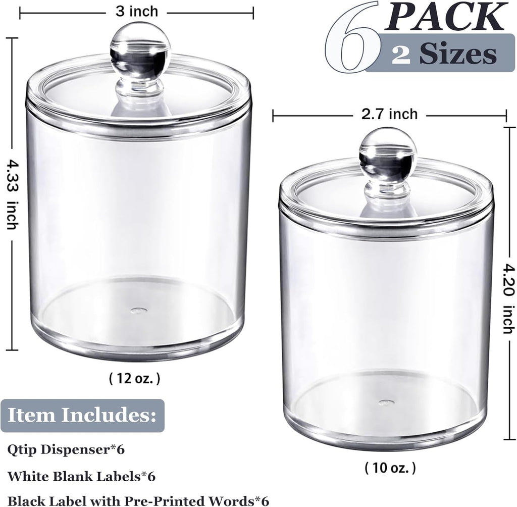 SheeChung Clear Acrylic Apothecary Jars - 6-Pack Qtip Holder Set (3) 10oz & (3) 12oz - Shatterproof Bathroom Organizer