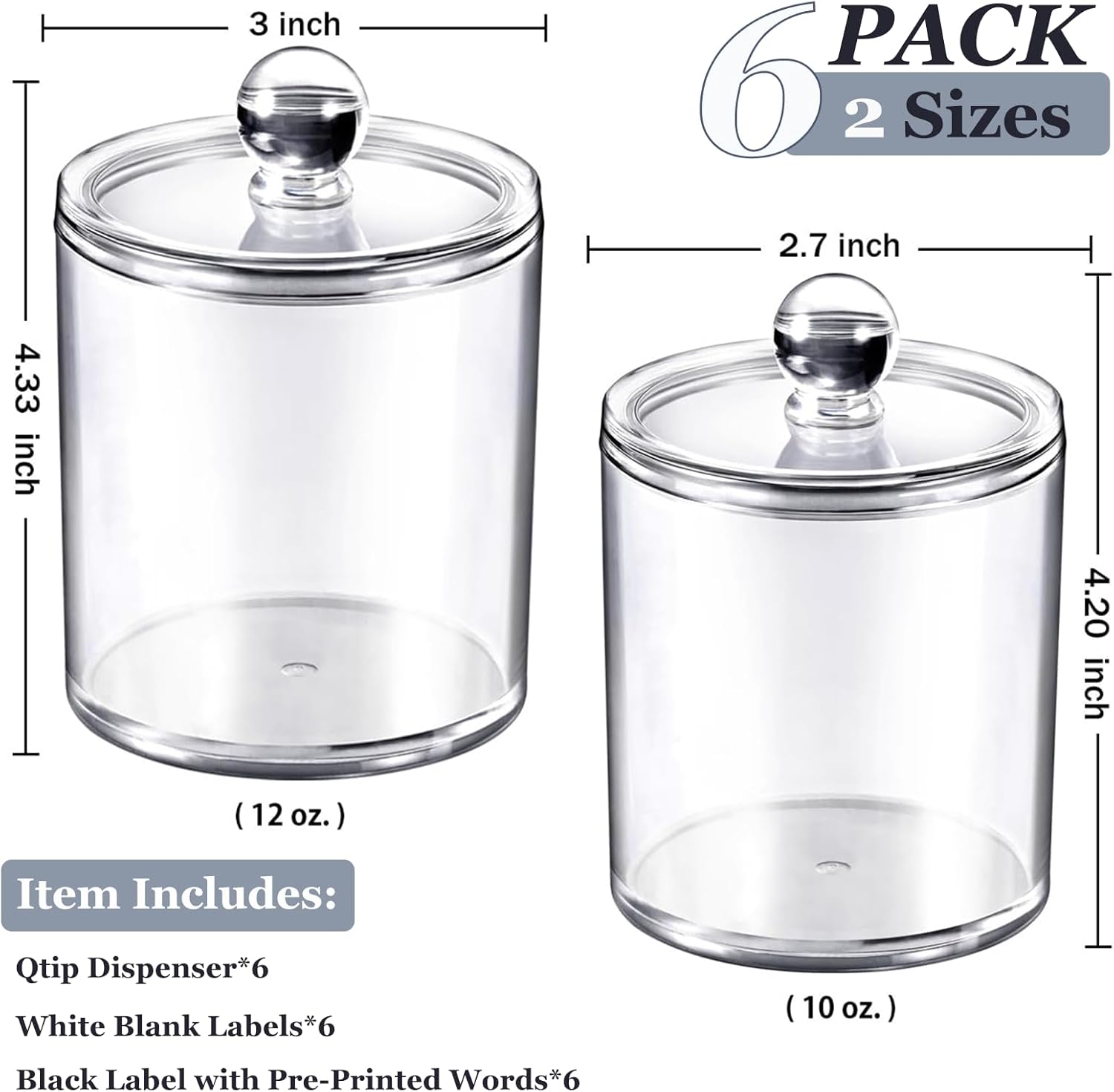 SheeChung Clear Acrylic Apothecary Jars - 6-Pack Qtip Holder Set (3) 10oz & (3) 12oz - Shatterproof Bathroom Organizer
