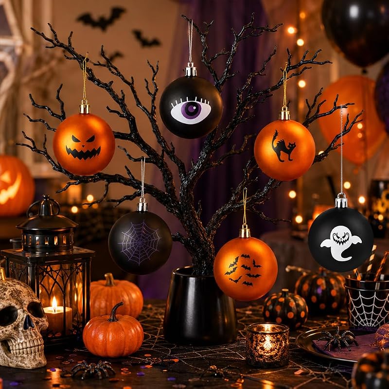 Hanging Halloween Ornaments 12-Piece Black & Orange Ball Decorations with String — 6 Designs