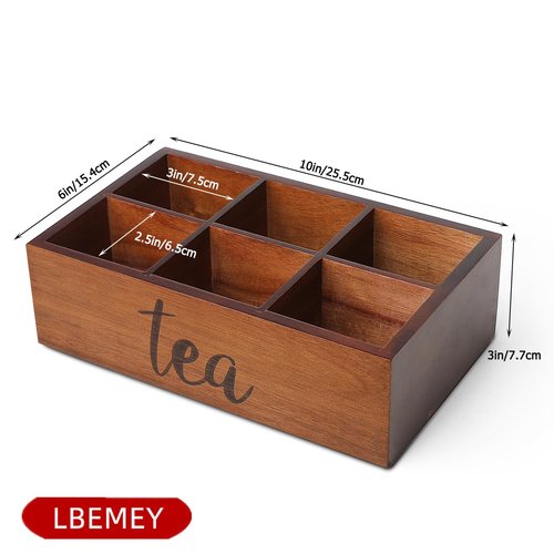 LBEMEY Tea Bag Organizer,Acacia Wood Tea Storage Containers with 6 Compartments, Sugar Packet Holder,Tea Bag Caddy Box for Cabinet Countertop Office (Brown-Labeled "Tea")