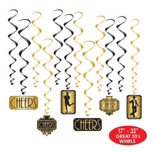 Beistle Great 20s Whirls – 24-Pack Art Deco Hanging Swirl Decorations with Metallic Gold & Black Spirals, 1920s Party Ceiling Decor for Roaring Twenties, Jazz Age Events, and New Year’s Eve, 17"–32"