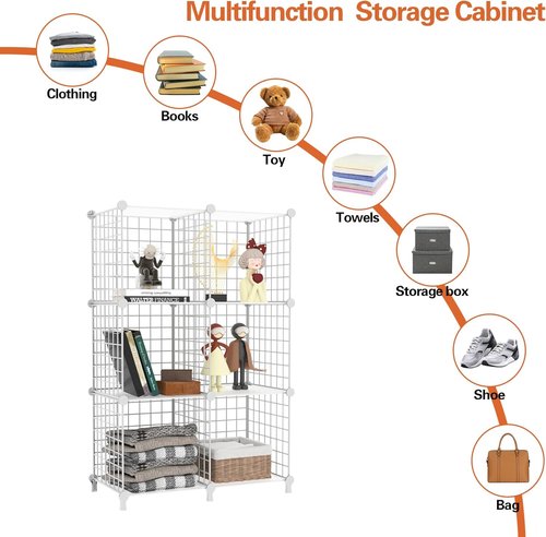 AWTATOS 6-Cube Storage Organizer - DIY Stackable Wire Shelves for Home Office | White Finish