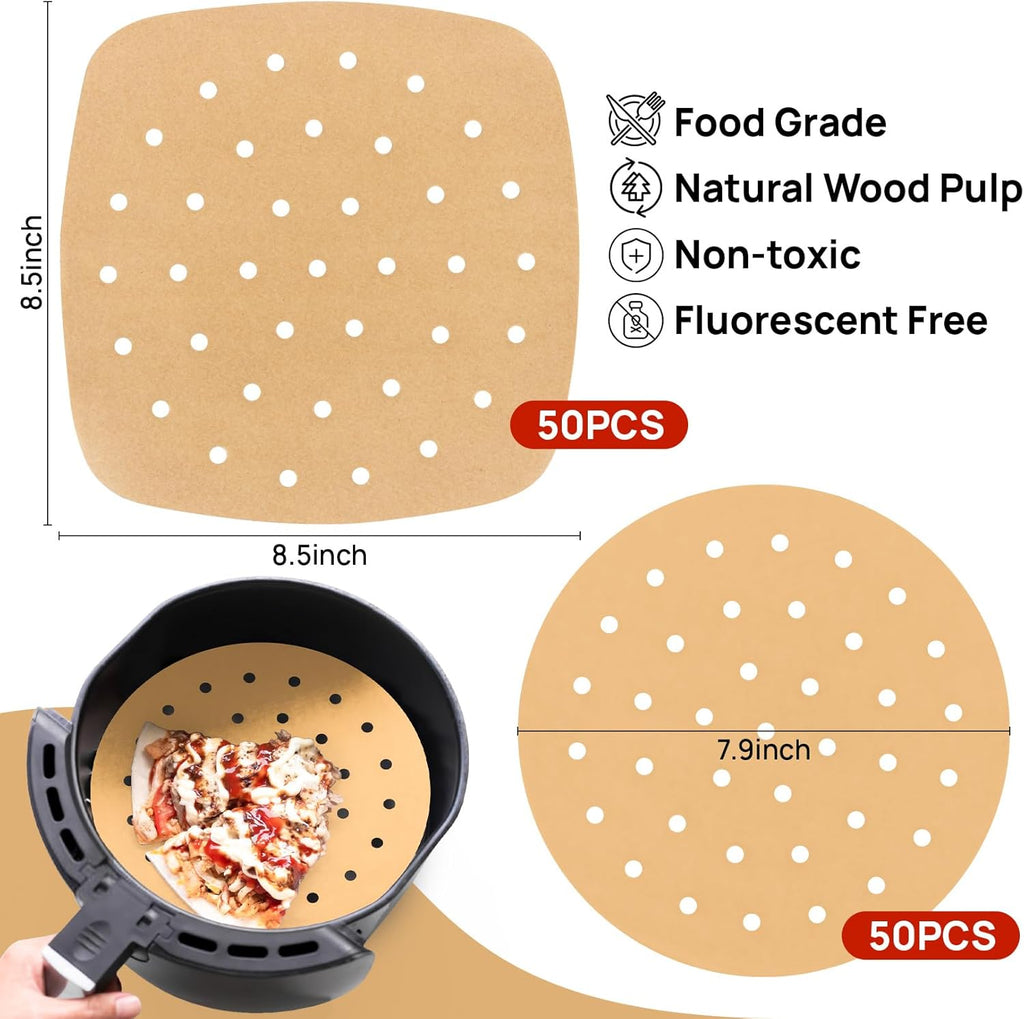 Skiennix Air Fryer Parchment Paper Liners - 100 PCS Disposable Perforated Sheets, 8.5" & 7" Sizes