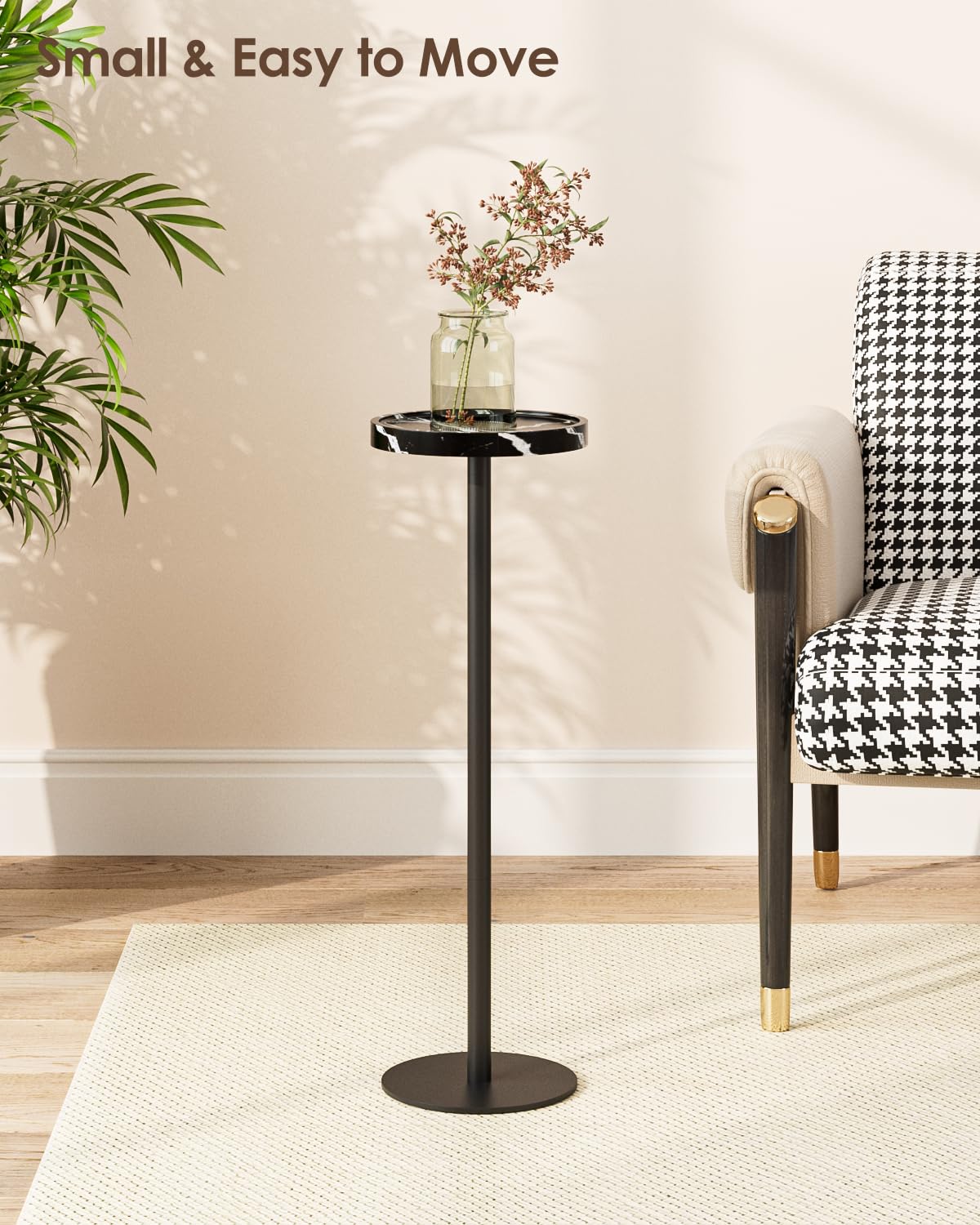AEPOALUA Drink Table, Small Pedestal Side Table, Round Cocktail Table, Circle Accent End Table with Metal Base, for Small Spaces (1, Black Marble)