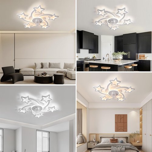 JAYMP 27.6 Inch Modern Stars Ceiling Light with Fan, 6 Speeds with 5 Blades, Remote Control Ceiling Fan White Dimmable LED Lighting Fixture for Dining Room Bedroom Small Living Room