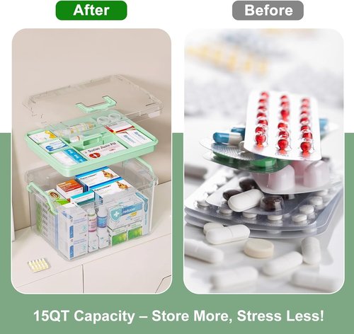 ANYPROLUS 15QT Clear Medicine Organizer Box - Durable Plastic Container with Tray for First Aid Storage