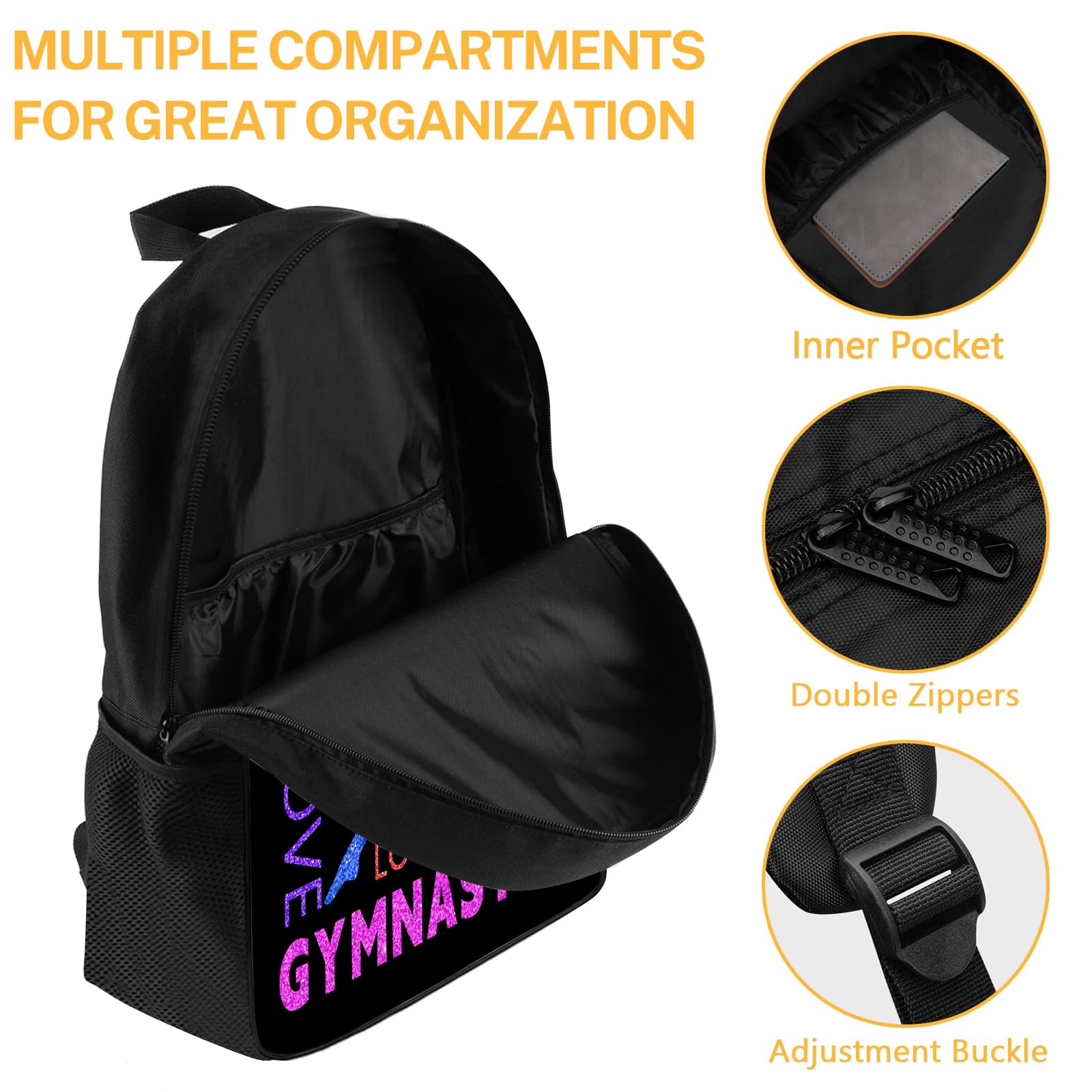 DOINBEE Gymnastics Backpack, Gymnastics Backpack for Girls Women, Colorful Love Gymnast on Black Bookbag, Funny Water Resistant Lightweight School Laptop Bags Casual Travel Daypack 17"