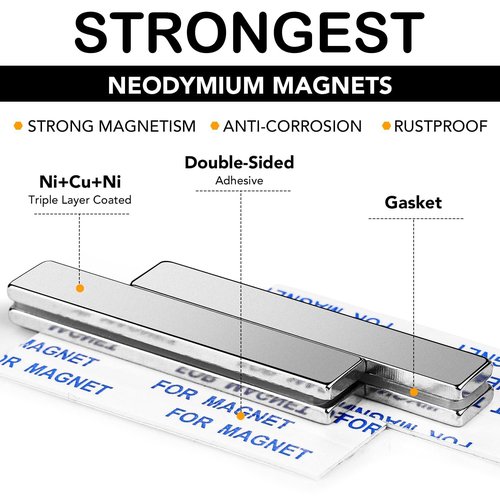 DIYMAG Neodymium Magnets - 6 Pack Heavy-Duty Magnetic Bars with Double-Sided Adhesive | 2.36 x 0.39 x 0.12 in Silver for Fridge, Classroom, Crafts