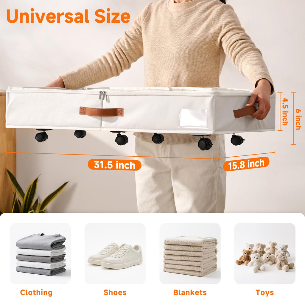 KitHero 6 Inches Under Bed Storage with Wheels Pack of 2, Underbed Shoe Storage Container Bin with Clear Lid Cover, Rolling Under Bed Drawer Storage Bag Basket for Shoe Organizer Sheet Sweater - White