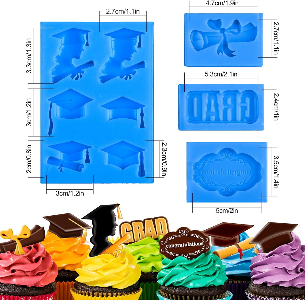 Whaline Graduation Mini Fondant Molds - 4 Pack Silicone Caps & Diplomas for Cake Decoration | Blue