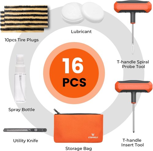 ETENWOLF Tire Repair Kit - 16-Piece Heavy Duty Plug Set for Cars, Motorcycles, ATVs, Trucks | Vivid Orange