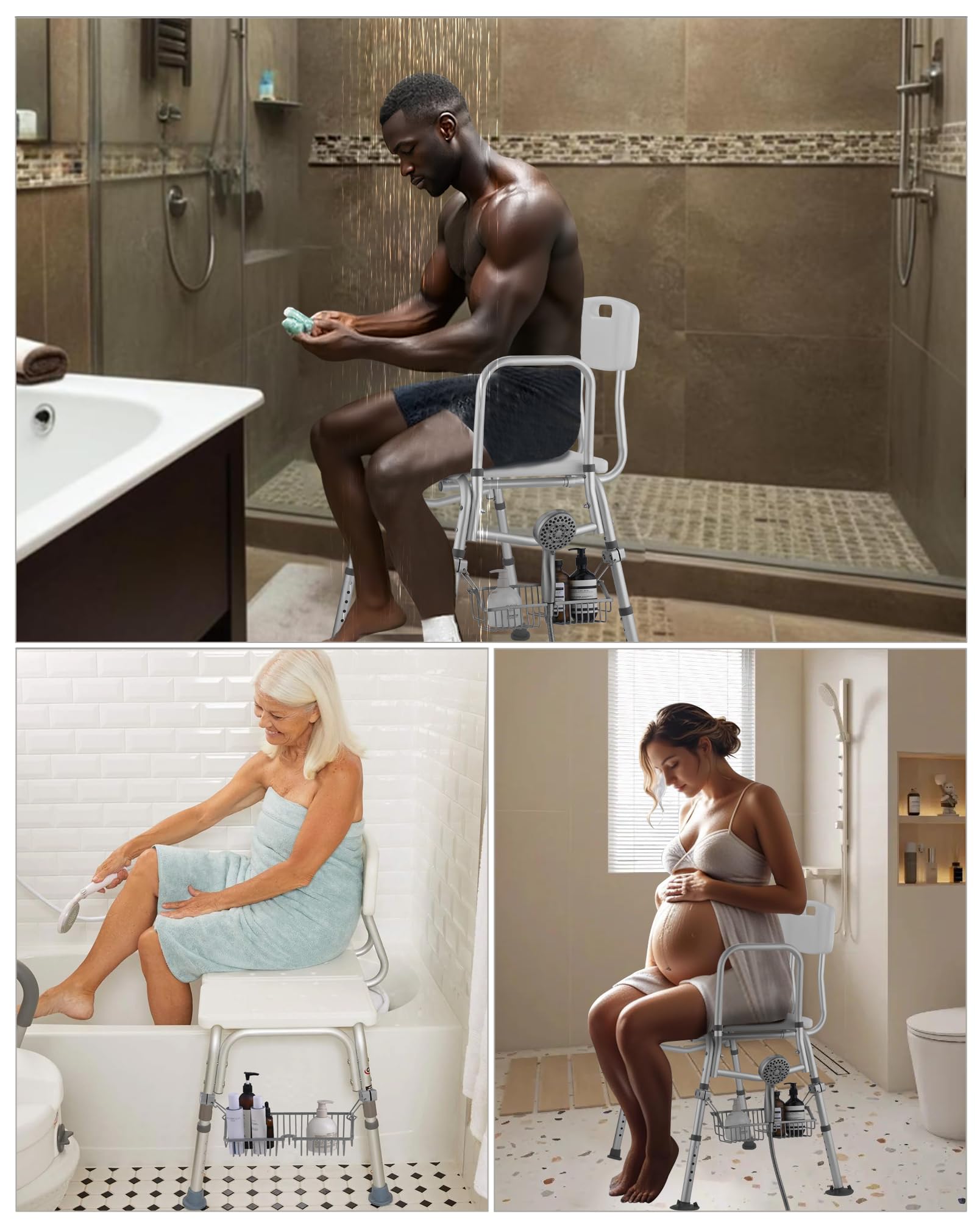 OrgCreator Rustproof Hanging Shower Caddy for Shower Chair, Stainless Steel Bathroom Basket for Bath Chair Bench,Showers Caddy Chair, Shampoo Bottle Holder for Elderly, Pregnant, Handicap, Patient