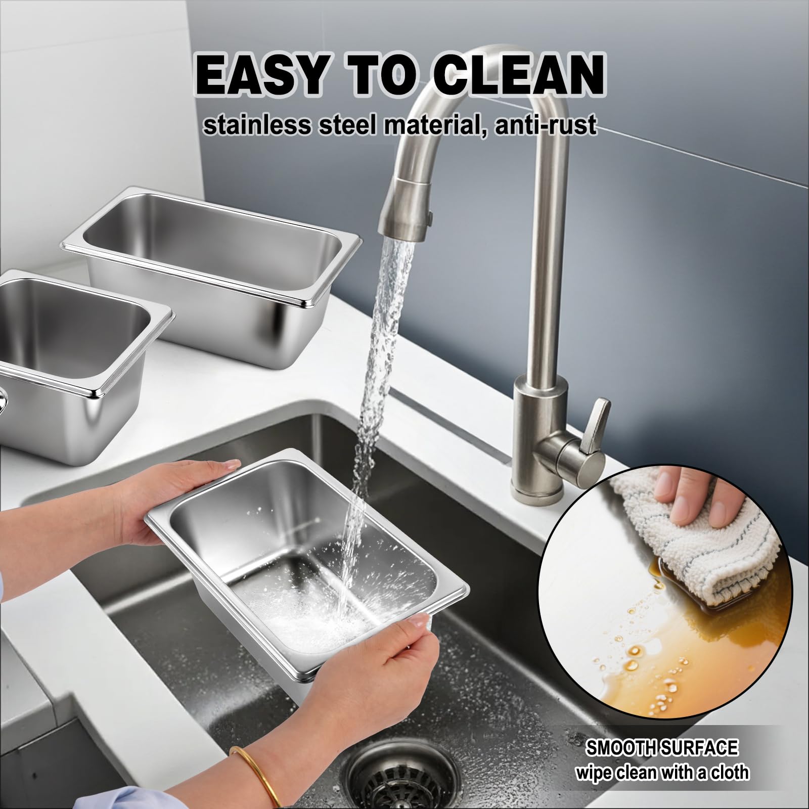 West Bay 4 Pack 1/4 Size Hotel Pan with Lids, 4'' Deep Steam Table Pan with Lid, 10.2''L x 6.3''W Stainless Steel Pans for Home, Party, Hotel, Buffet
