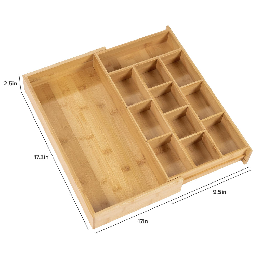 KitchenEdge Tea Bag and Coffee Pod Kitchen Drawer Organizer, Expandable 9.7 to 17 Inches, 10 Accessory Compartments with Adjustable Wall Inserts, Non-Slip Rubber Feet, 100% Sustainable Bamboo Wood