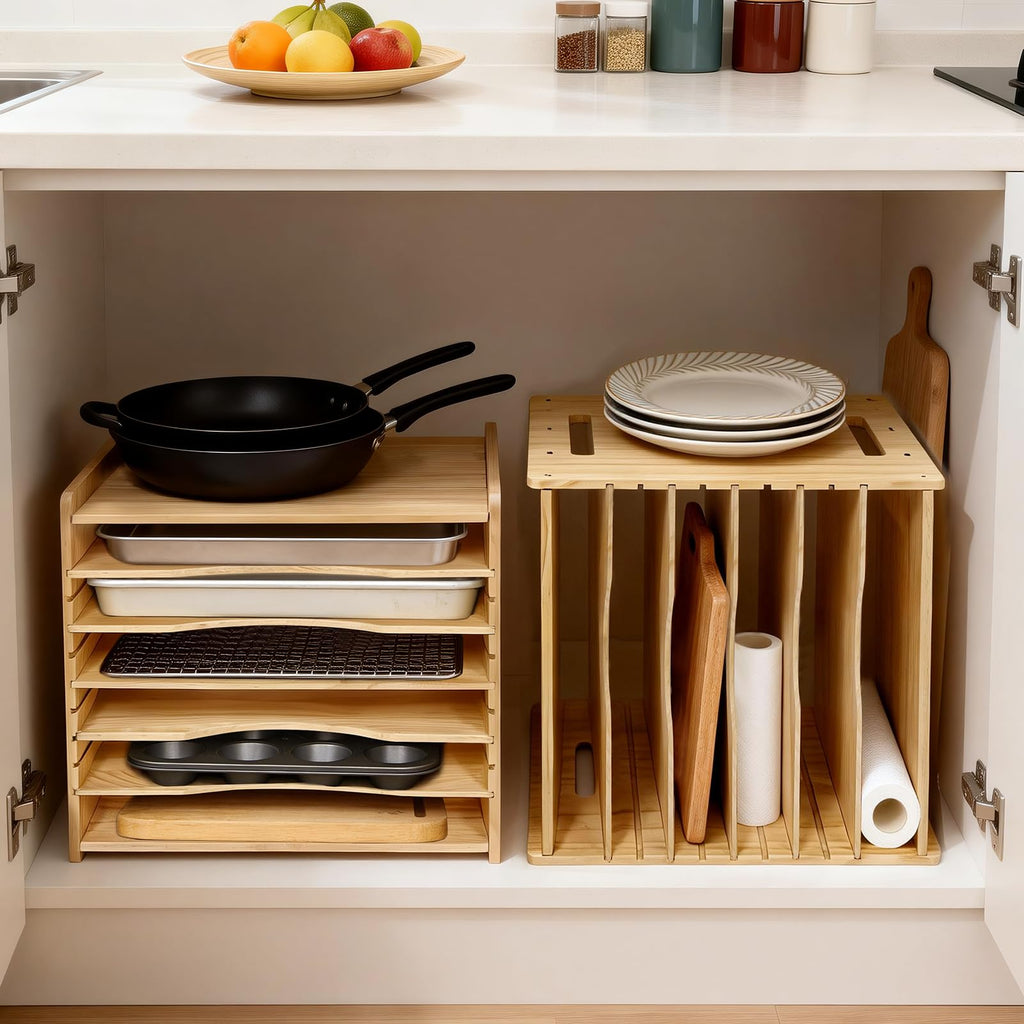 6 Tier Wooden Tray Dividers for Cabinets, Cookie Sheet Organizer 15.7" W x 16.5" H x 12.6" D Baking Sheets, Pans and Cutting Boards Organizer for Kitchen Cabinets or Countertop