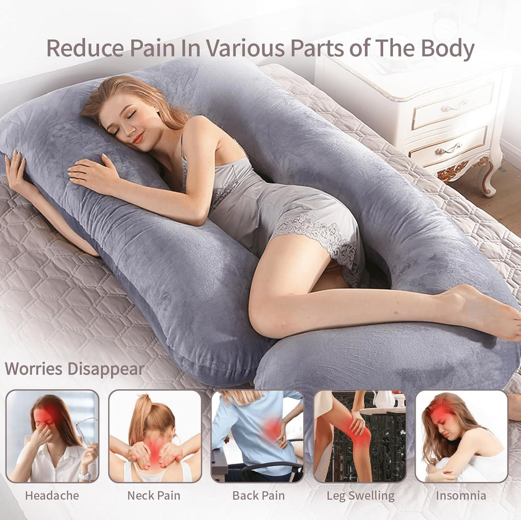 Skiennix 60-Inch U-Shaped Pregnancy Pillow - Cooling Full Body Support with Removable Velvet Cover | Grey