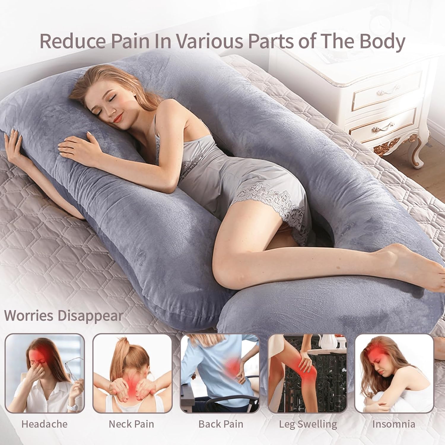 Skiennix 60-Inch U-Shaped Pregnancy Pillow - Cooling Full Body Support with Removable Velvet Cover | Grey