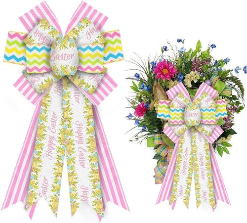Hying Large Easter Bows - White & Pink Burlap Wreath Bows with Eggs & Leaves for Spring Decor