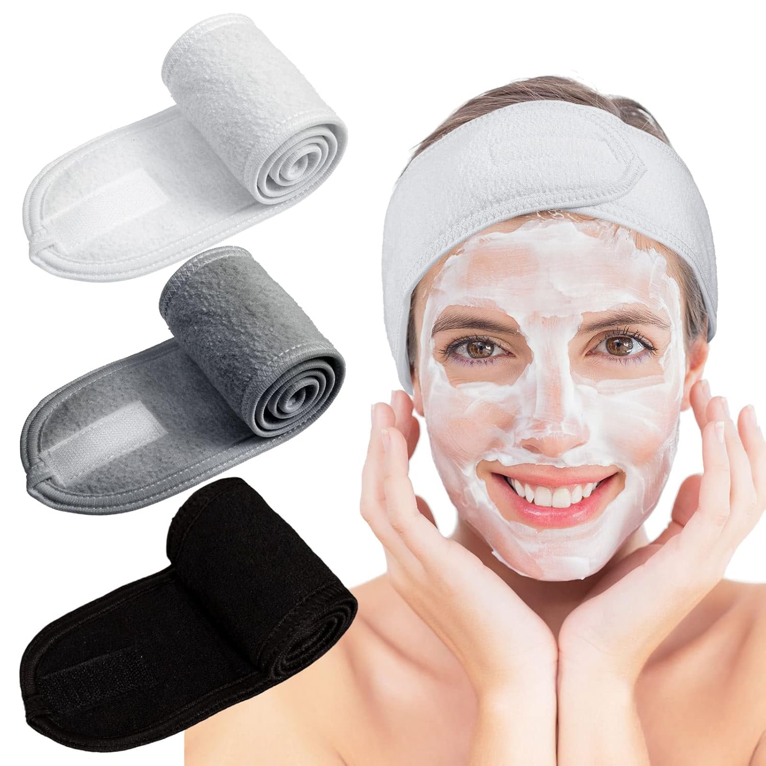 Whaline Spa Facial Headband Set - Adjustable Terry Cloth Wraps for Skincare & Makeup | 3 Pcs (White, Black, Gray)