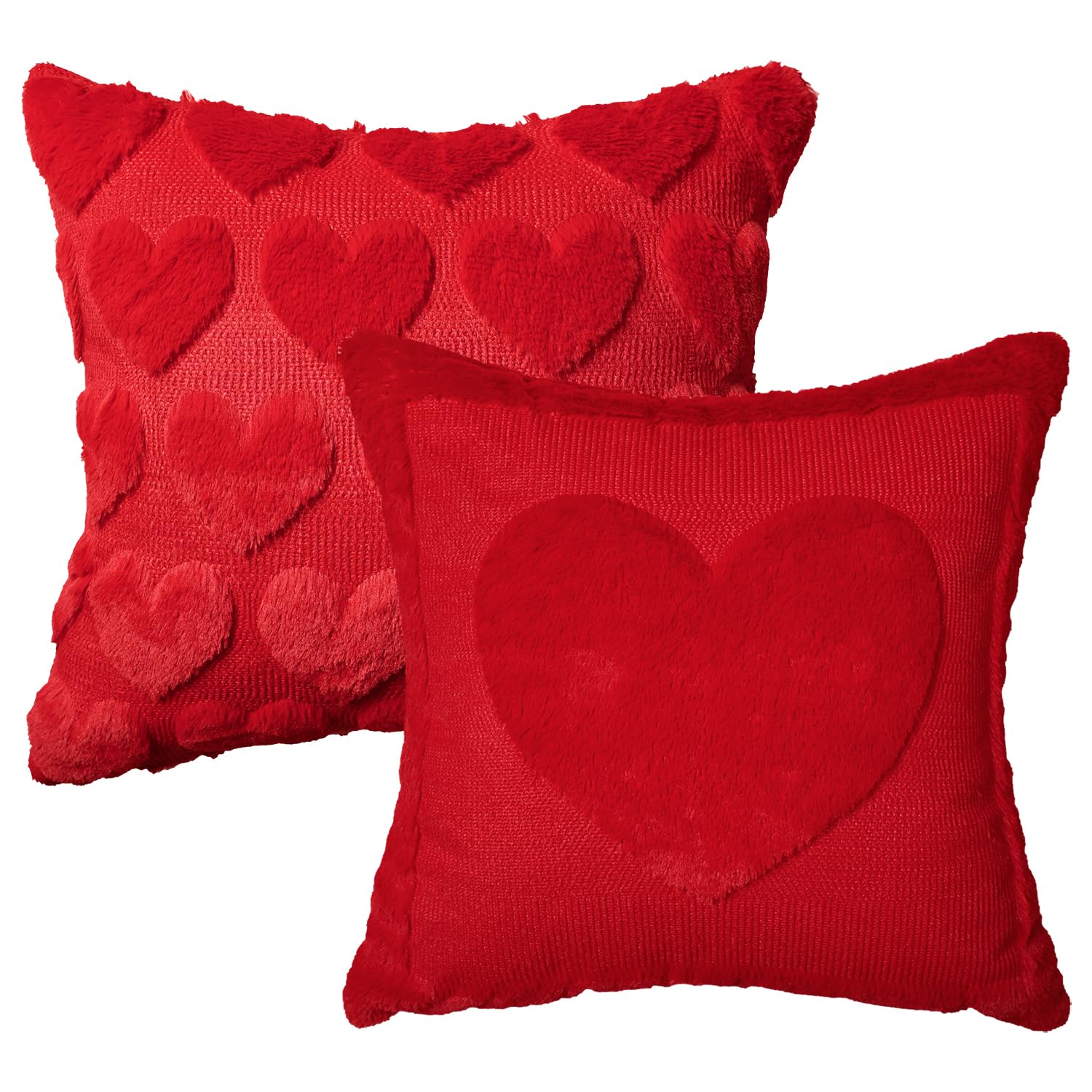 AVOIN colorlife Valentine's Day Love Heart Red Throw Pillow Covers, 18 x 18 Inch Anniversary Wedding Gift Home Decor Soft Plush Faux Fur Jacquard Cushion Case for Sofa Couch Set of 2