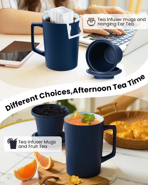 Foinly 15 oz Ceramic Tea Infuser Cup with Lid - Tea Mug with All Porcelain Strainer for Loose Leaf Teas,Microwave and Dishwasher Safe,Metal-Free,BPA-Free for Tea Lovers/Mother's Day (Blue)