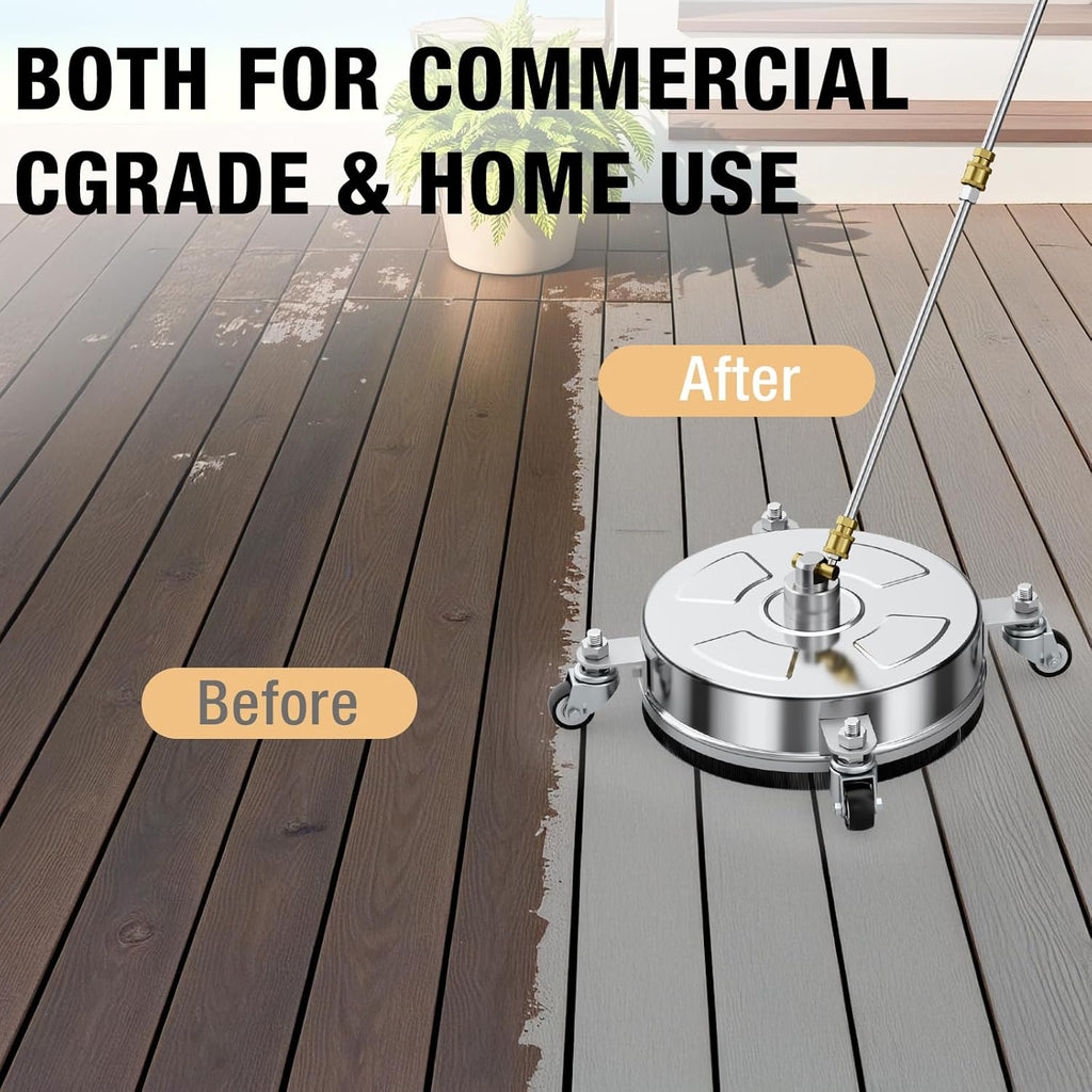 Pressure Washer Surface Cleaner - 14" Stainless Steel, 4000 PSI, 4 Wheels & 3 Nozzles for Patios