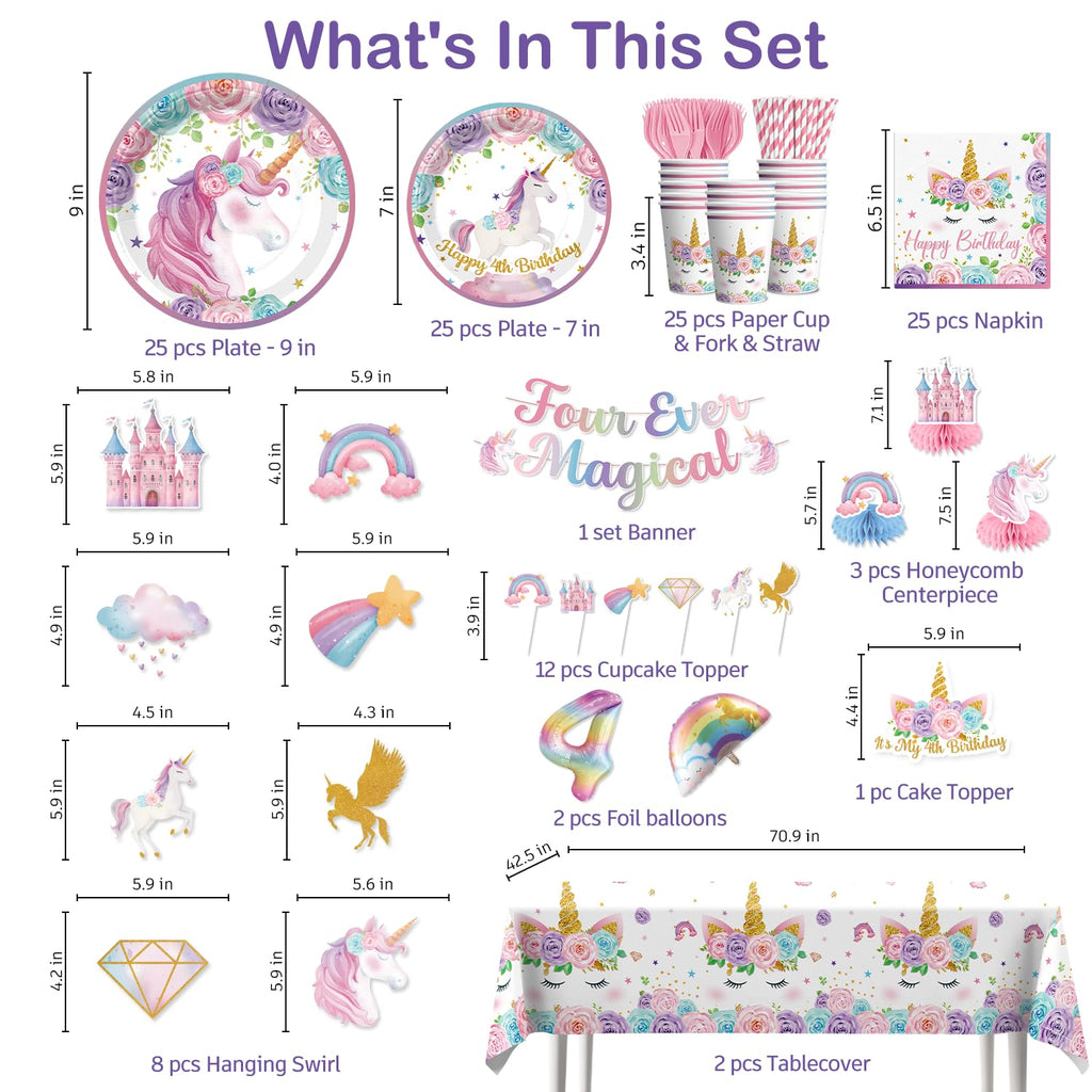 Xynic 181Pcs Unicorn 4th Birthday Decorations, Four Ever Magical Birthday Decorations Tableware Set with Plates and Napkins Serves 25, 2 Tablecloths for Unicorn Decorations